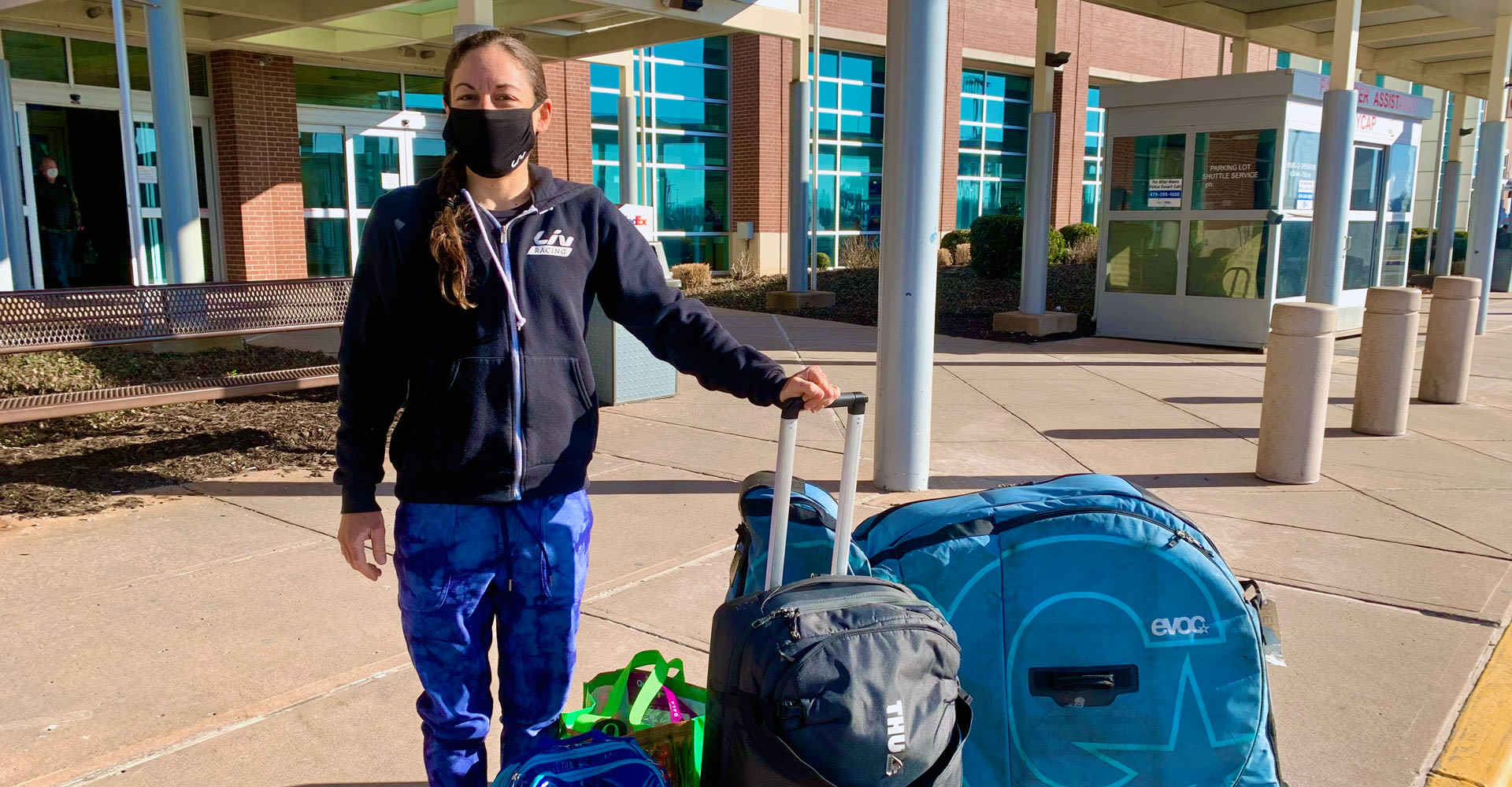 Crystal Anthony outside the airport with her bags