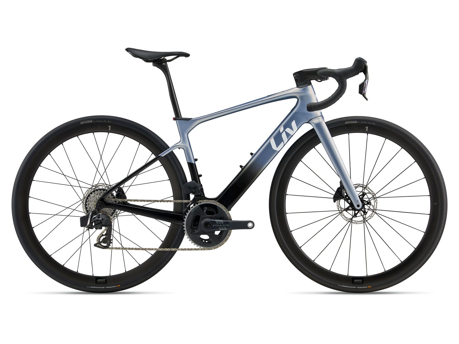 Liv Avail Advanced E+ Elite 1 women's carbon e-road bike, side profile on white background