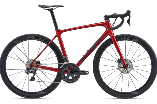 The 2020 TCR Advanced Pro 1 Disc in Gloss Metallic Red features a lightweight Advanced-Grade composite frameset and Shimano Ultegra Di2 drivetrain. Availability varies by country.