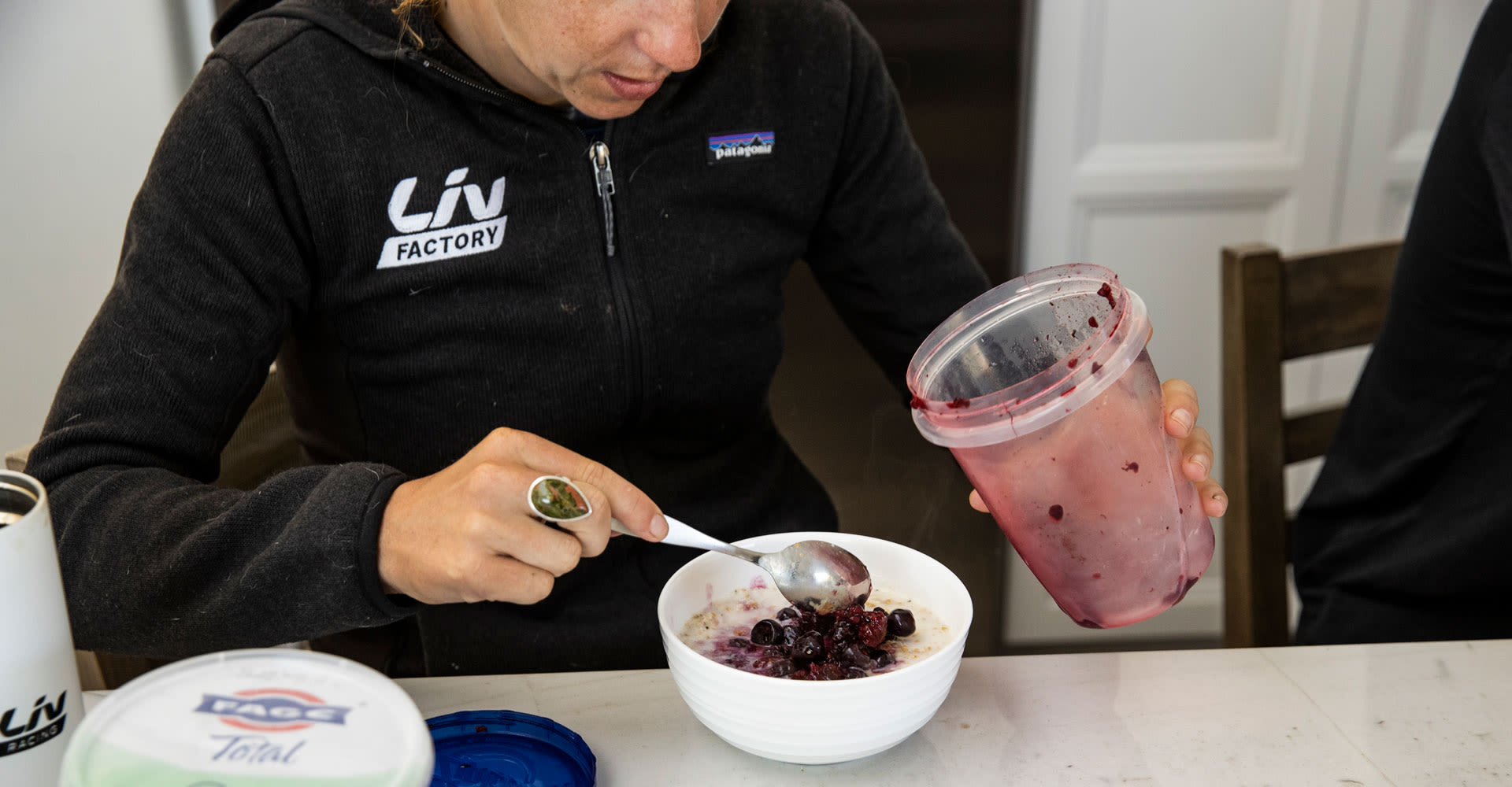 cyclist making breakfast
