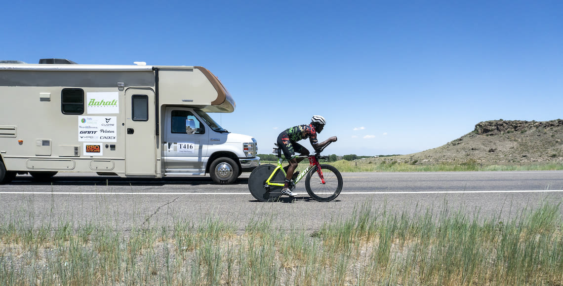 Rahsaan Bahati racing through the flats in the 2021 Race Across America on his Trinity Advanced Pro bike. 