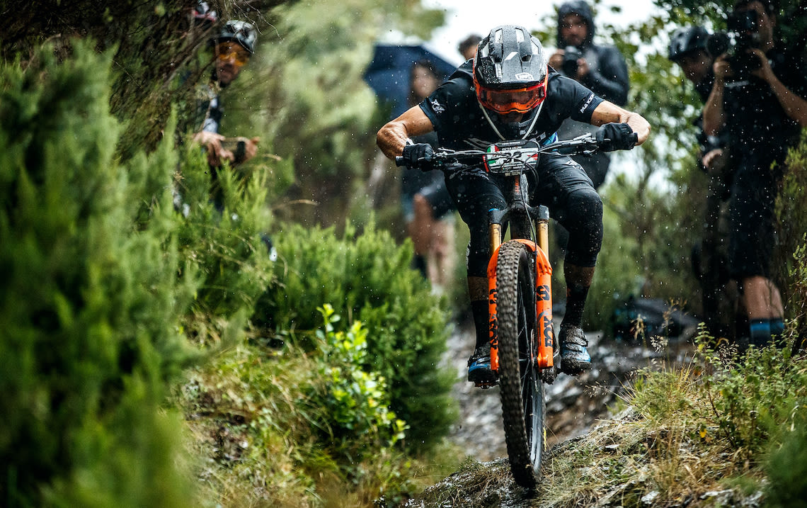 Giant Factory Off-Road Team rider Youn Deniaud racing a 2020 EWS event in Italy. 