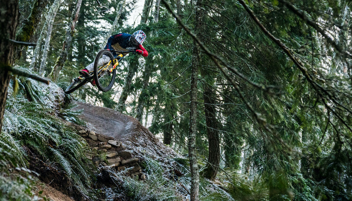 Giant freeride athlete Reece Wallace mountain biking in British Columbia